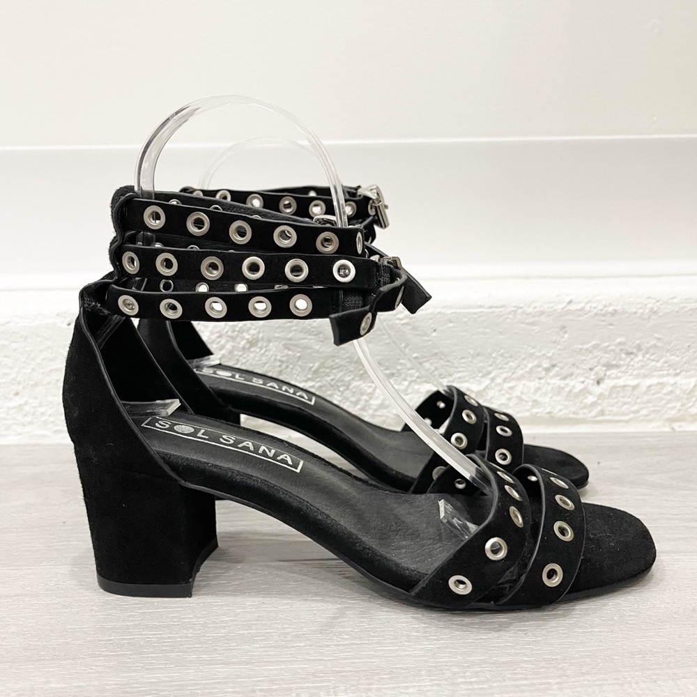 Sol Sana Sugar Heel Black Suede Grommet Sandal Three Ankle Strap Size 37 New